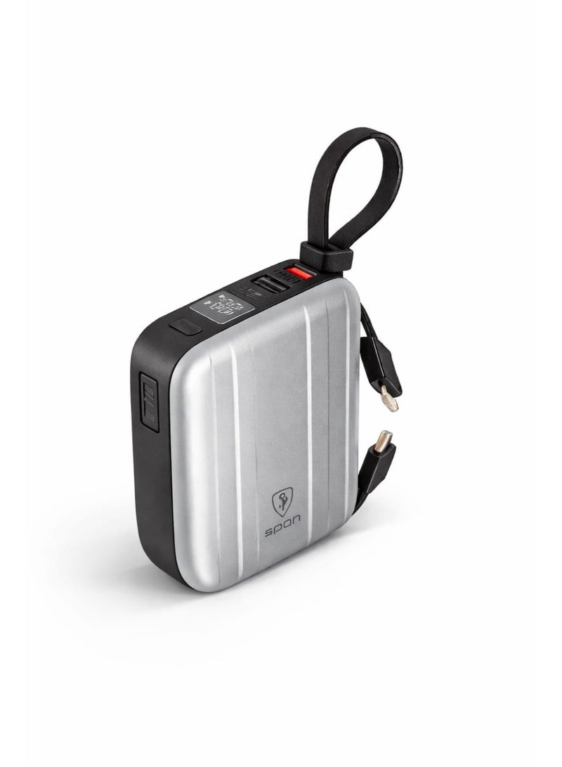 سبون باور بنك 10000 صغير الحجم بمنفذين منافذ USB+PD كيبل لايتنق وكيبل تايب سي - Image 1